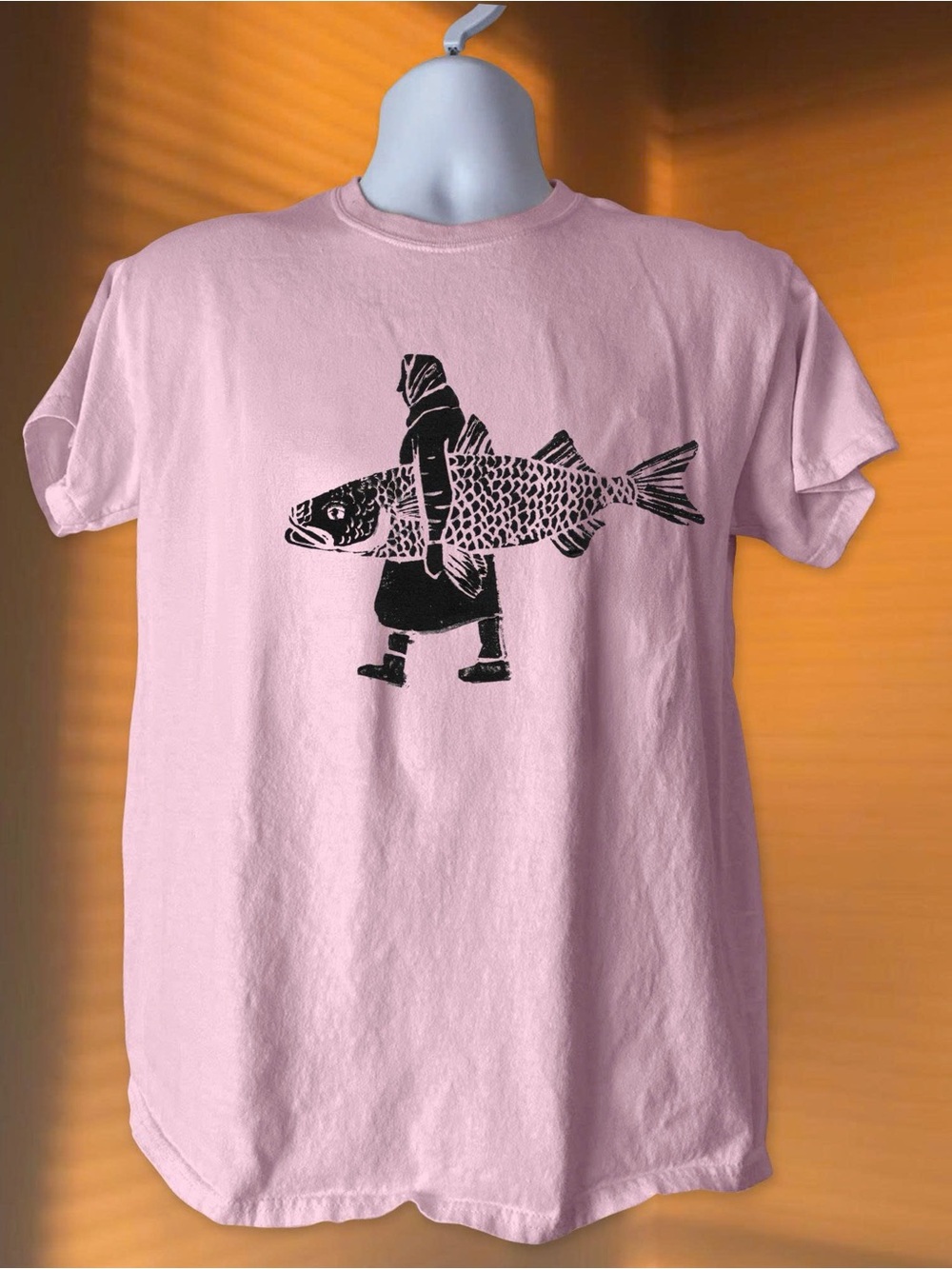 Gildan Pink Short Sleeve Tee with Black Fish Graphic